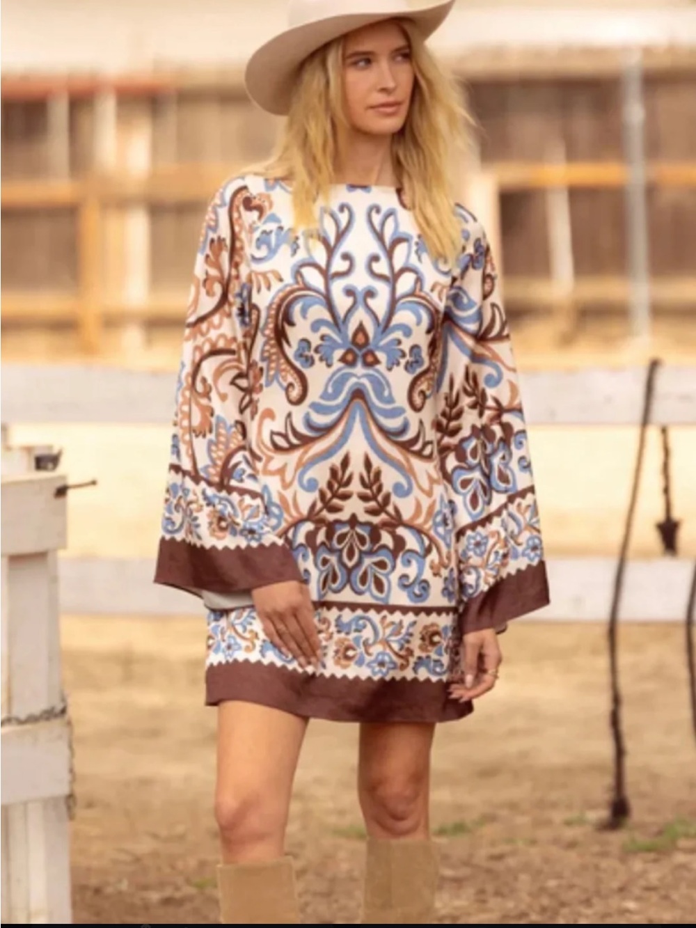 Skies are Blue Border Print Boho Festival Western Shift Cream Blue Brown Dress